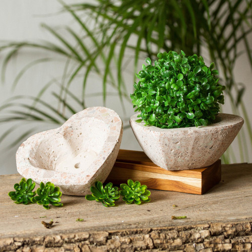 Heart-Shaped Reclaimed Stone Flower Pots Pair 'Heartfelt Planters'