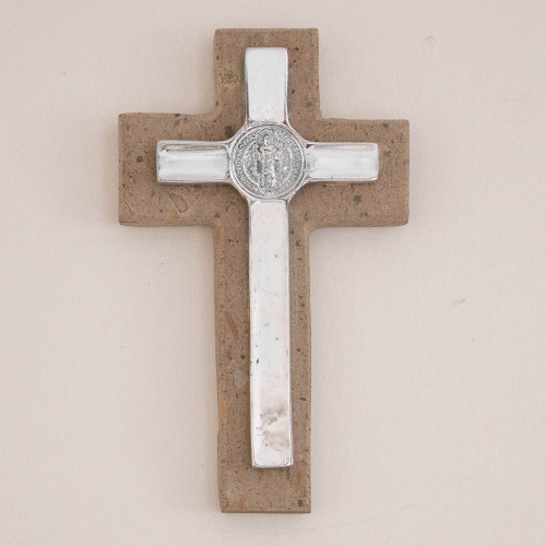 Saint Benedict Pewter and Reclaimed Stone Wall Cross 'Saint Benedict'