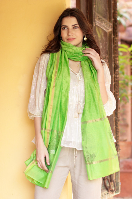 Handwoven Cotton and Silk Blend Scarf in Kiwi from India 'Kiwi Garden'