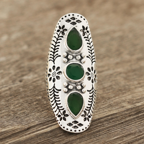 Floral Green Onyx Cocktail Ring from India 'Forest Dazzle'