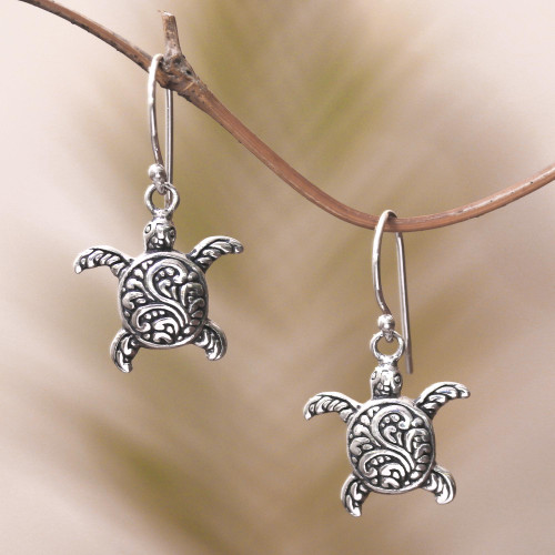 Sterling Silver Sea Turtle Dangle Earrings from Bali 'Baby Turtles'