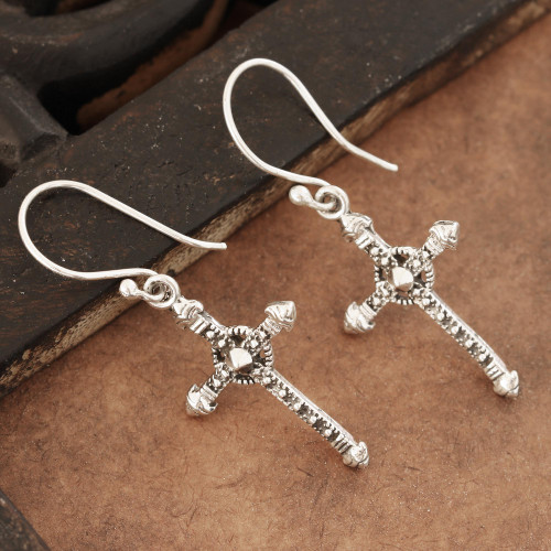 Sterling Silver Cross Dangle Earrings from India 'Faithful Dazzle'