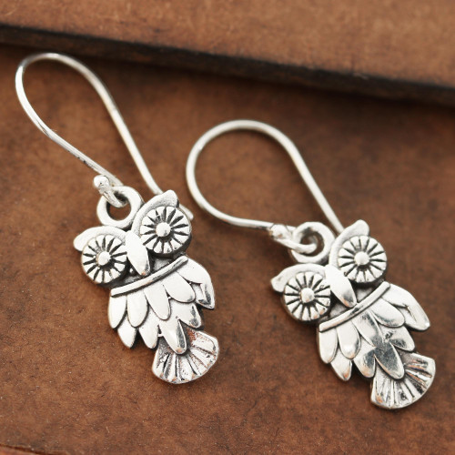 Sterling Silver Owl Dangle Earrings from India 'Night Vision'