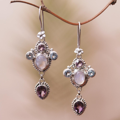 Floral Multi-Gemstone Dangle Earrings Crafted in Bali 'Charming Light'