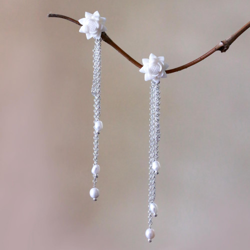 Floral Cultured Pearl Dangle Earrings from Bali 'Padma Tears'