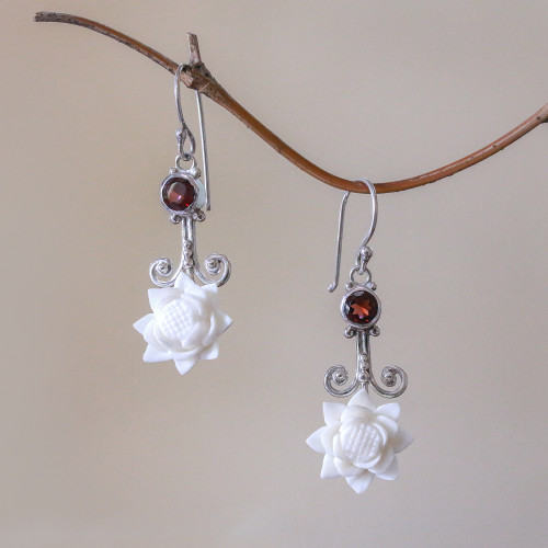 Floral Garnet and Dangle Earrings from Bali 'Glittering Padma'