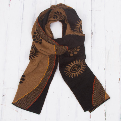 Reversible Sepia and Black Sun Motif Alpaca Blend Scarf 'Sepia and Black Cosmovision'