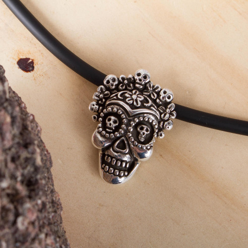 Sterling Silver Floral Skull Pendant Necklace from Mexico 'Calavera la Comadre'