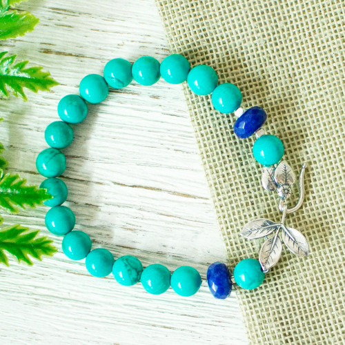 Leafy Turquoise and Lapis Lazuli Beaded Bracelet from Mexico 'Indigo Foliage'