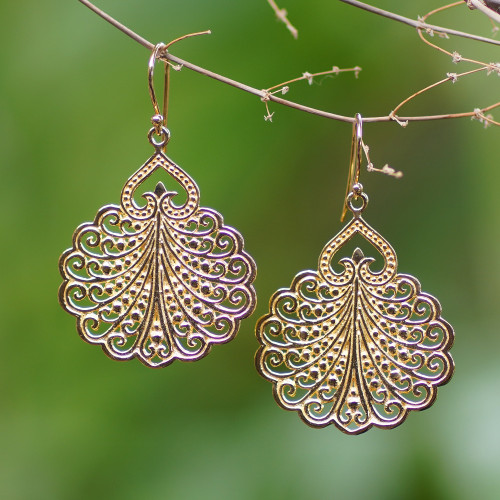 Fan Pattern Gold Plated Sterling Silver Dangle Earrings 'Peacock's Tail'