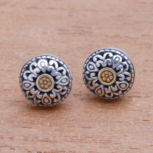 Wave Pattern Gold Accented Sterling Silver Stud Earrings 'Essence of Sun'