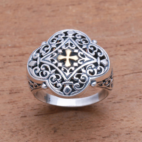 Cross-Themed Gold Accented Sterling Silver Signet Ring 'Jagaraga Prince'