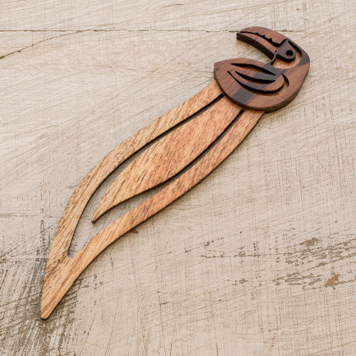 Toucan-Themed Teak Wood Bookmark from Costa Rica 'Toucan Reader'