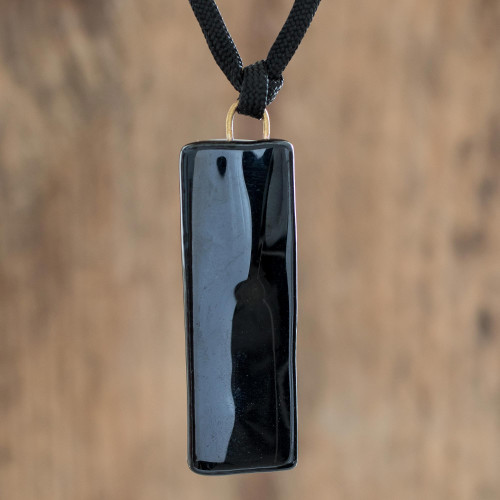 Black Recycled Glass Pendant Necklace from Costa Rica 'Mood of Strength'