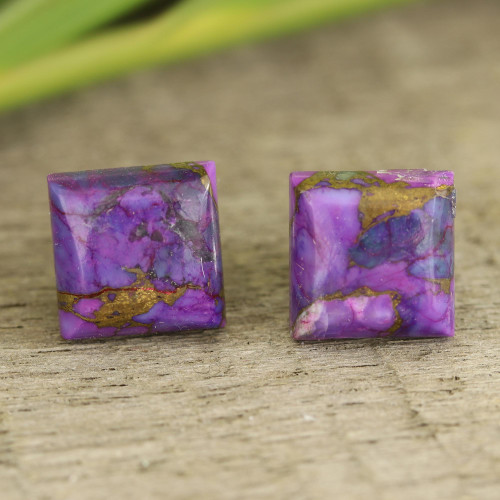 Square Purple Composite Turquoise Stud Earrings from India 'Contemporary Corners'