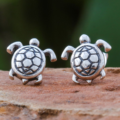 Thai Artisan Handcrafted Sterling Silver Turtle Earrings 'Tiny Turtles'