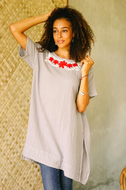 Floral Cotton Tunic in Ash from Thailand 'Posy Bliss in Ash'