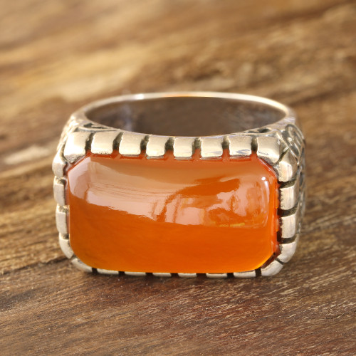 Men's Orange Onyx Ring Crafted in India 'Sunset Vines'