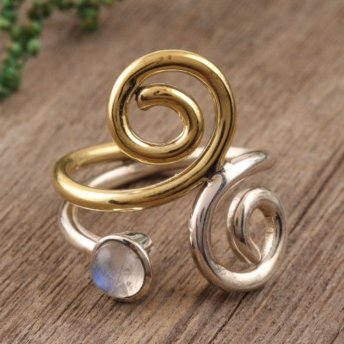 Rainbow Moonstone Ring with Sterling Silver and Brass 'Curling Union'