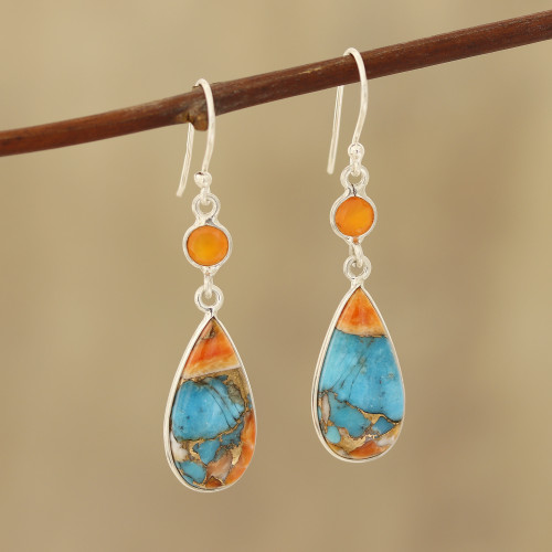 Carnelian and Composite Turquoise Dangle Earrings from India 'Teardrop Glamour'