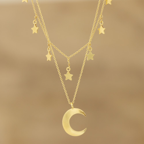 Gold Plated Sterling Silver Moon and Star Necklace 'Celestial Gleam'