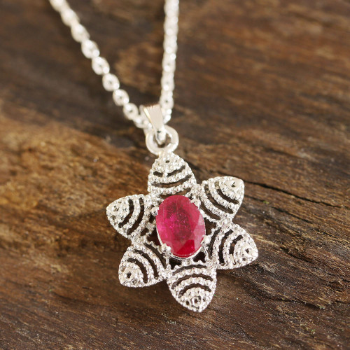 Foral Faceted Ruby Pendant Necklace from India 'Snow Flower'