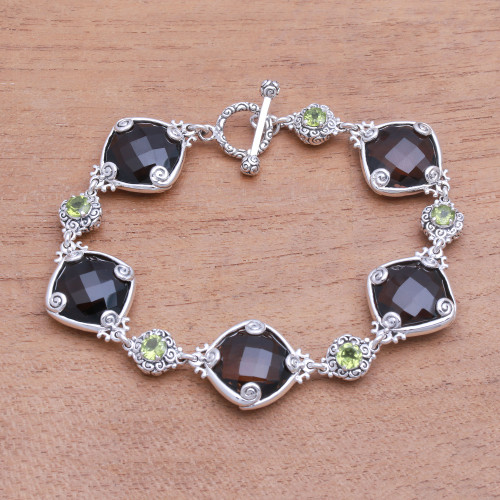 Smoky Quartz and Peridot Link Bracelet from Bali 'Buddha Glitter'