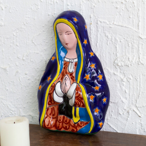 Hand-Painted Talavera-Style Ceramic Mary Wall Sculpture 'Praying Mary' Hand-Painted Talavera-Style Ceramic Mary Wall Sculpture 'Praying Mary'