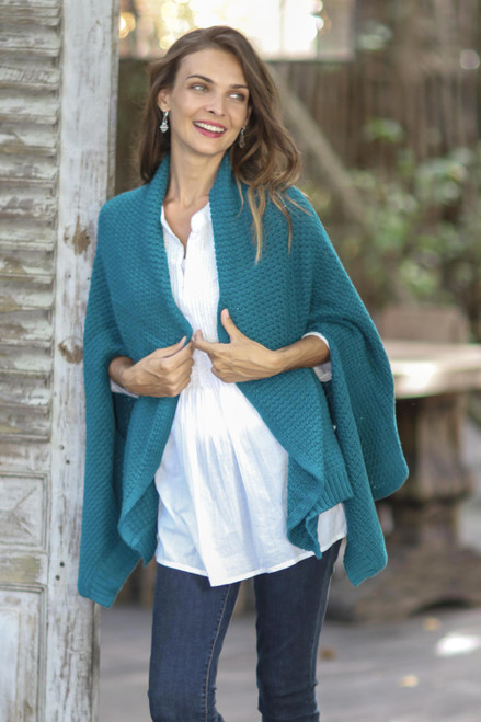 Knit Cotton Ruana in Teal from Thailand 'Chic Warmth in Teal'