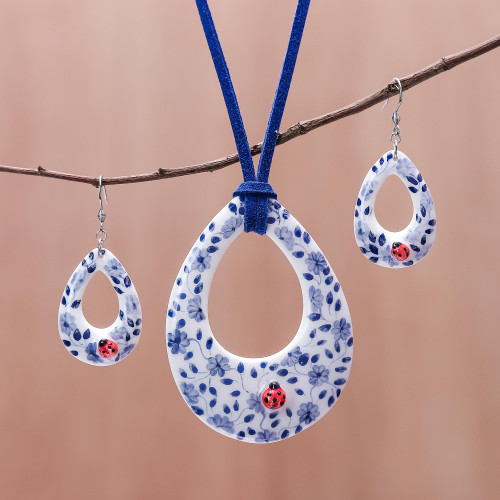 Floral Ladybug Ceramic Jewelry Set from Thailand 'Cute Ladybug'