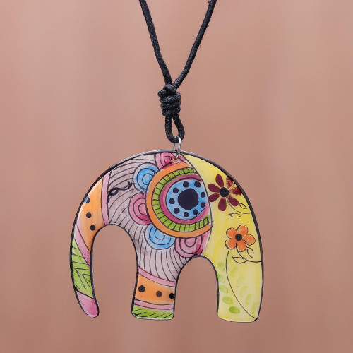 Bohemian Ceramic Elephant Pendant Necklace from Thailand 'Elephant Hippie'