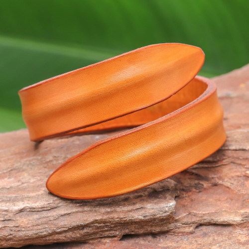 Modern Leather Wrap Bracelet in Orange from Thailand 'Simple Caress in Orange'