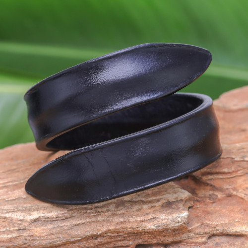 Modern Leather Wrap Bracelet in Black from Thailand 'Simple Caress in Black' Modern Leather Wrap Bracelet in Black from Thailand 'Simple Caress in Black'