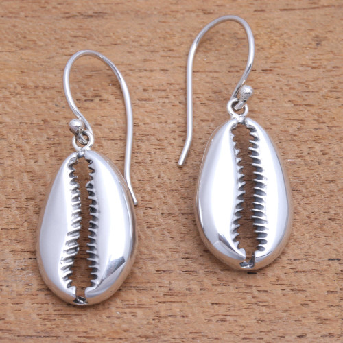 Sterling Silver Cowry Shell Dangle Earrings from Bali 'Cowry Shell'