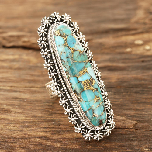 Star Pattern Composite Turquoise Cocktail Ring from India 'Alluring Blue'