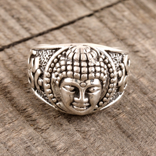 Sterling Silver Buddha Band Ring from India 'Meditating Buddha'