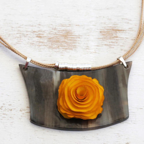 Yellow Flower Wood and Horn Pendant Necklace from Brazil 'Sunny Flower'