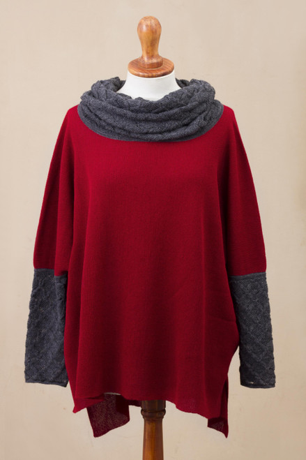 Crimson Red and Grey Alpaca Blend Knit Long Sleeve Sweater 'Toasty'