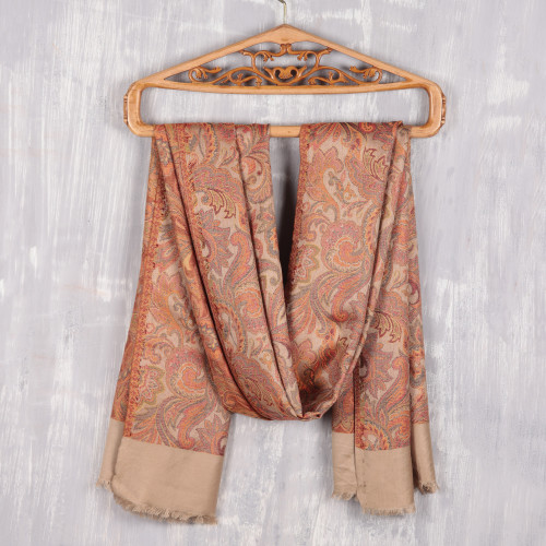 Leaf and Floral Motif Jacquard Modal Shawl from India 'Acanthus Garden'