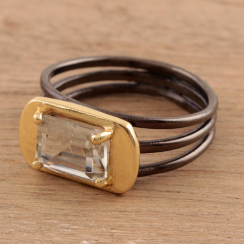 Gold Accented Prasiolite Single-Stone Ring from India 'Modern Prism'