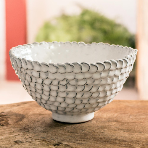 Unique White Serving Bowl from Honduras 'White Scales'