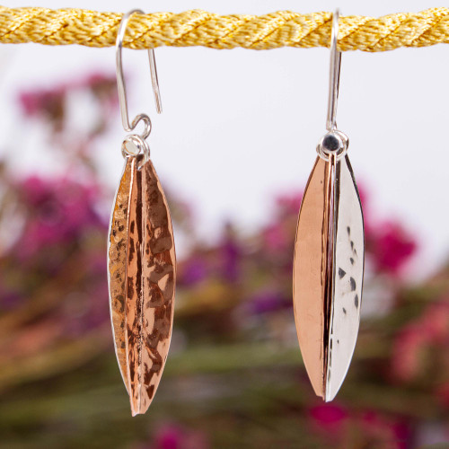 Taxco Sterling Silver and Copper Dangle Earrings from Mexico 'Hammered Abstraction'