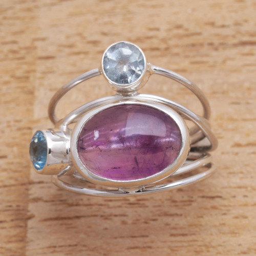 Amethyst and Blue Topaz Cocktail Ring from Bali 'Beautiful Accompaniment'