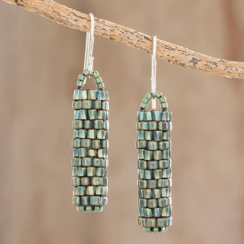 Gleaming Green Glass Beaded Dangle Earrings from El Salvador 'Shining Pillars'