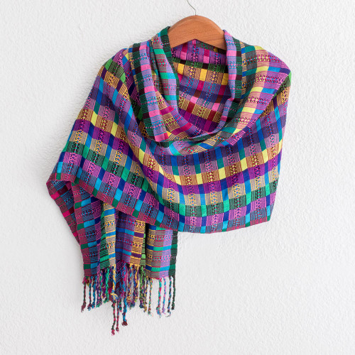 Colorful Cotton Shawl Crafted in Guatemala 'San Juan Fiesta'