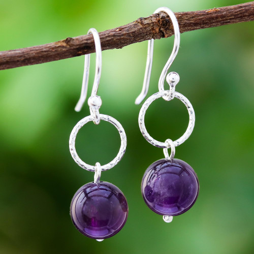 Round Amethyst Dangle Earrings Crafted in Thailand 'Ring Shimmer'