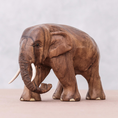 Hand-Carved Teak Wood Elephant Sculpture from Thailand 'Trip Through Nature'