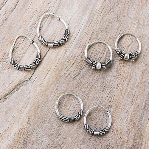 Traditional Thai Sterling Silver Hoop Earrings Set of 3 'Traditional Thailand'