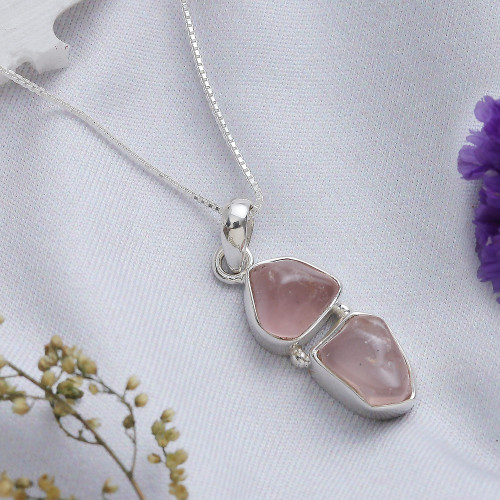 Rose Quartz Pendant Necklace Crafted in India 'Pink Flair'