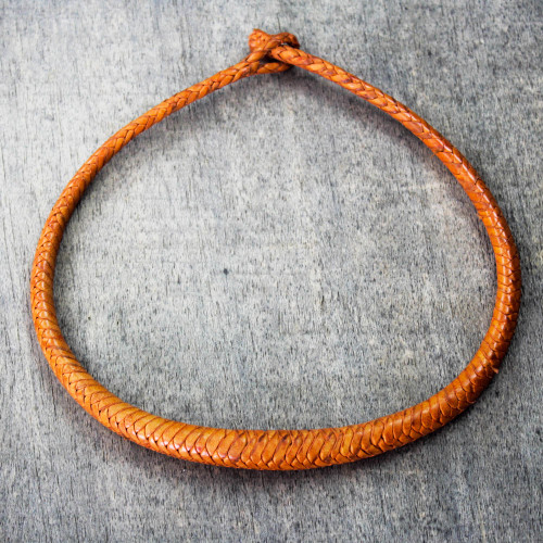 Braided Leather Necklace in Saffron from Ghana 'Mpusia in Saffron'